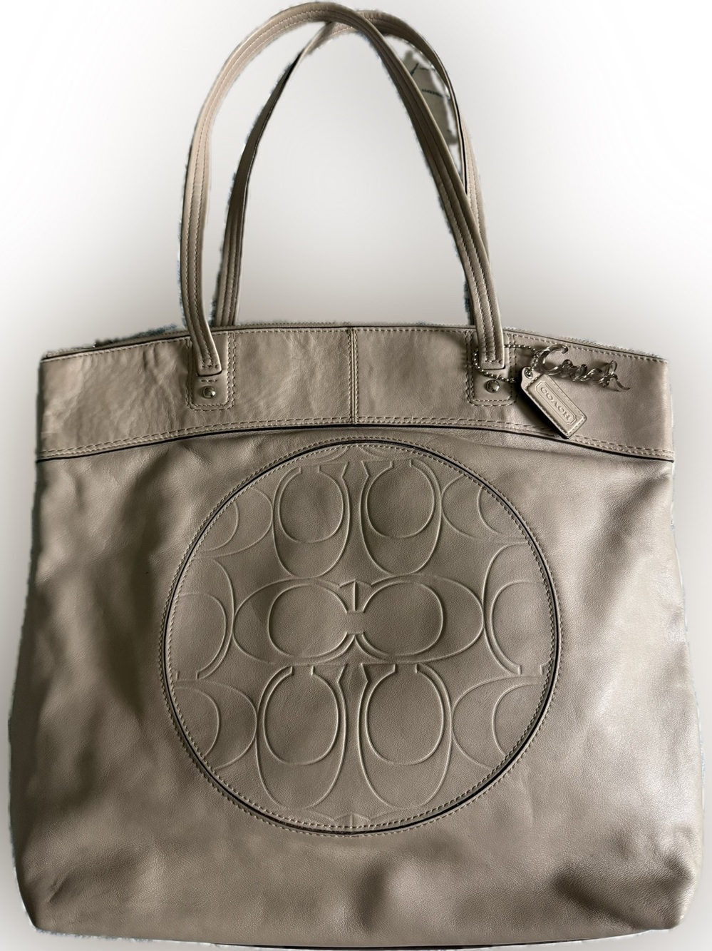 Coach Silver Sand Leather Laura Tote Bag with Signature Medallion